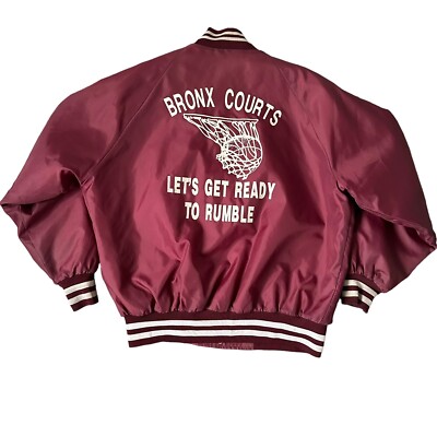 Vintage Burgundy Satin Bronx Courts Basketball Bomber Jacket 80s Mens Size L