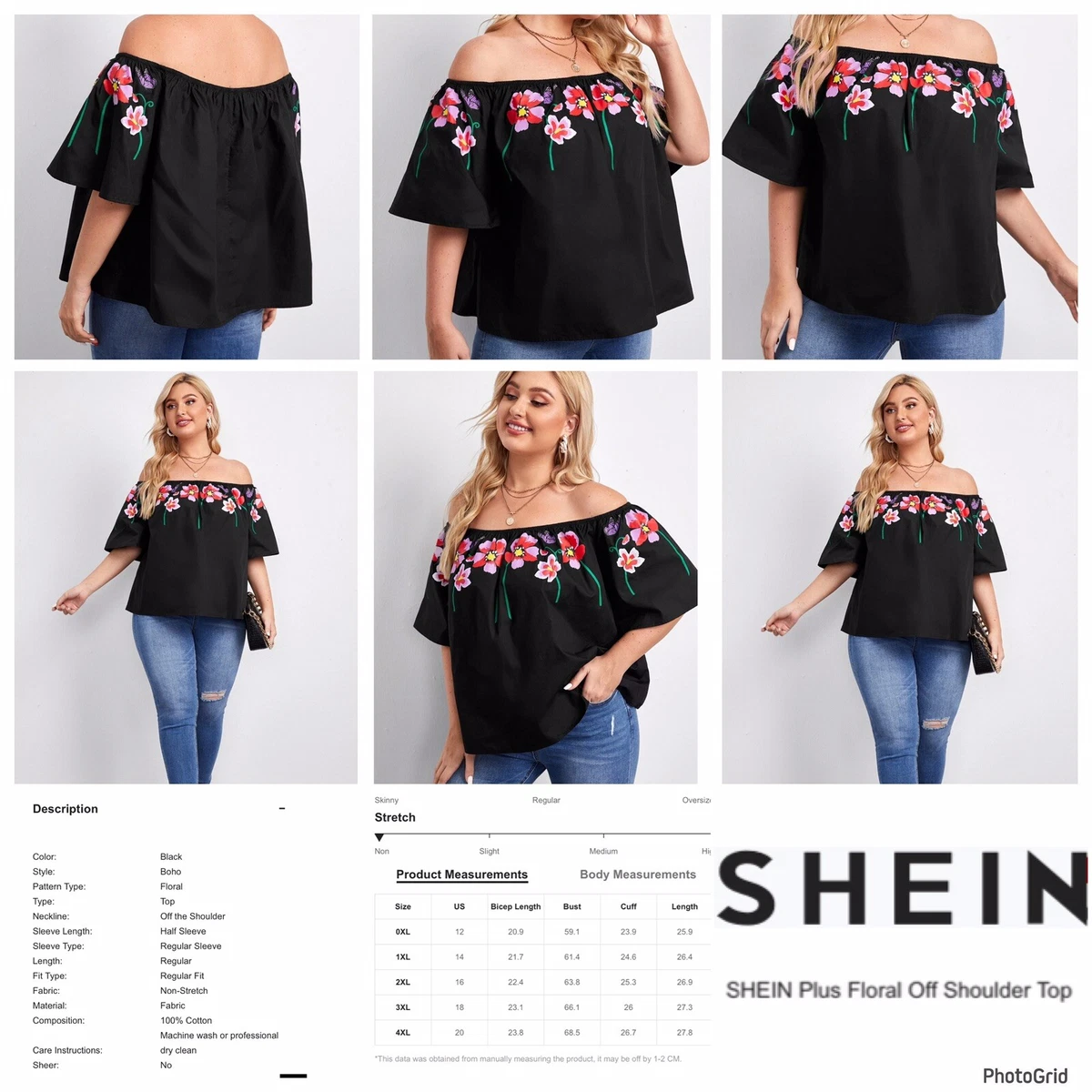 Shein Curve 3XL Plus Size Black Floral Off The Shoulder Top