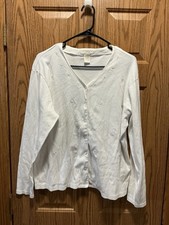 Vintage Christie  Jill Button Up Cardigan White Embroidered Tulips Large VGUC