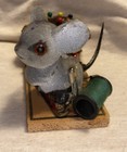 Vintage Pin Cushion Figurine Mouse on Trap with Basket for Pins Flocked Mouse — photo 4