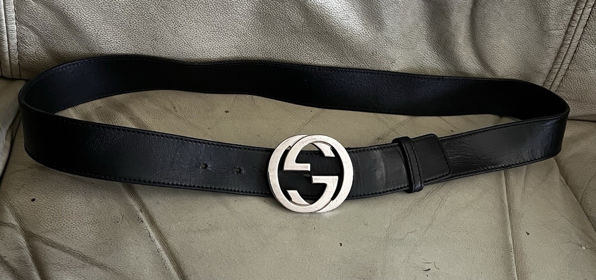 Authentic Gucci Gg Logo Buckle Black Leather Belt Size 95 /38 Made