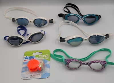 Lot of 5 Speedo Swimming Goggles + Aqua Nose Clip & Ear Plus with Carrying Case