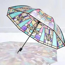 Vintage Stained Glass Automatic Folding Umbrella Romantic Sunny Hand-painted Cle