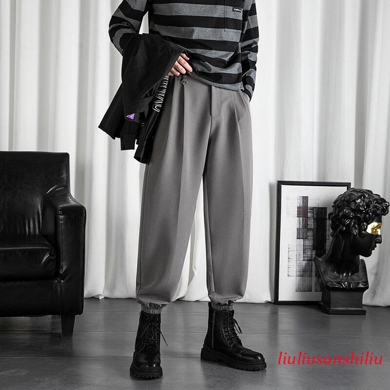 Mens Casual Loose Tapered Trousers Straight Jogger Pencil Pants Chino Fit Black