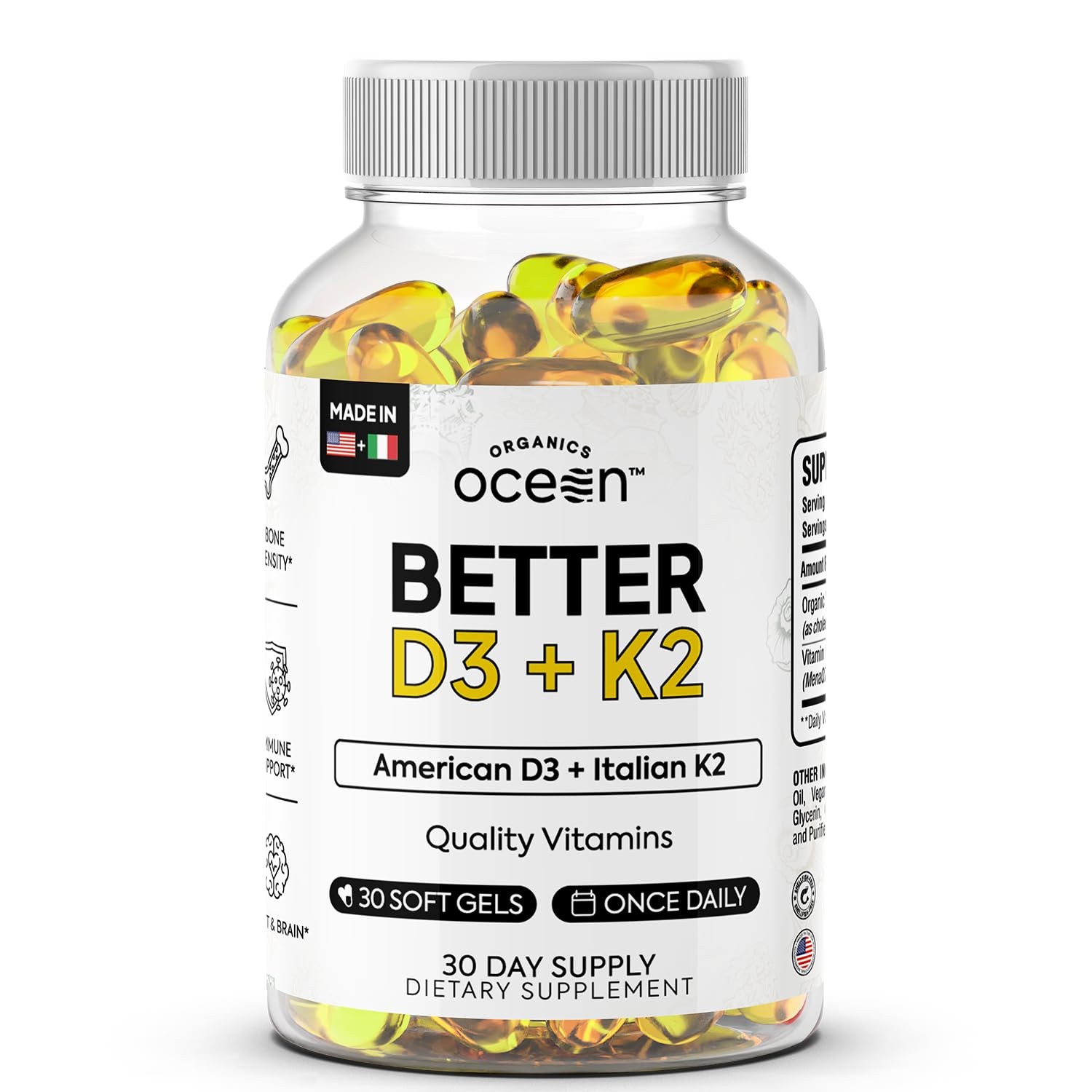 Organics Ocean Better D3 + K2, Organic Vitamin D3 K2 Supplement, 30-Day Supply