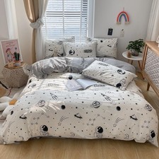 Space Duvet Cover Set Queen 100percent Cotton Cartoon Astronaut Rocket Full/Q...