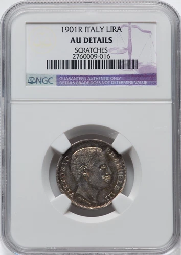 ITALY  1901-R 1 LIRA SILVER COIN ALMOST UNCIRCULATED, NGC CERTIFIED "AU DETAILS"