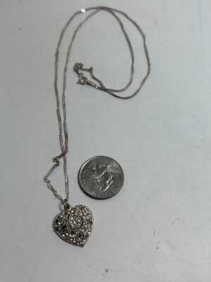 Vtg Necklace Sterling Silver Crystal Heart Filigree N1234
