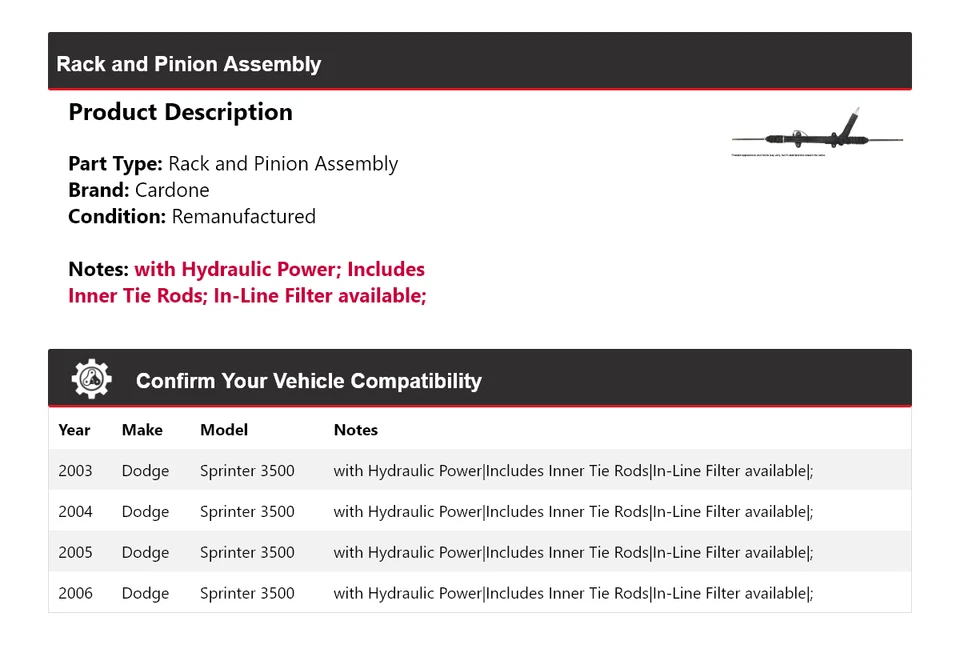 Conjunto de piñón y cremallera Cardone 2004 2005 para Dodge Sprinter 3500 2003-2006 Foto 2 de 4