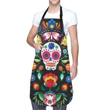 Mexican Skull Skeleton Floral Apron Adjustable Bib Aprons With 2 Pockets For ...