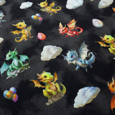 Stoff Sweatshirtstoff Alpenfleece Cute Dragons Drachen schwarz bunt Kinderstoff