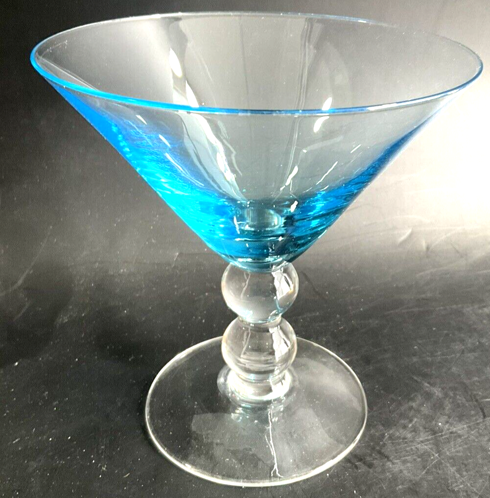 Light Blue Double Ball Stem Martini Glass 5.5 x 5.25 Inches Excellent Condition