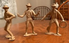 Lot of 3 Vintage 1964 Louis Marx 6" Large Cowboy Figures Tan Plastic Rope Guns