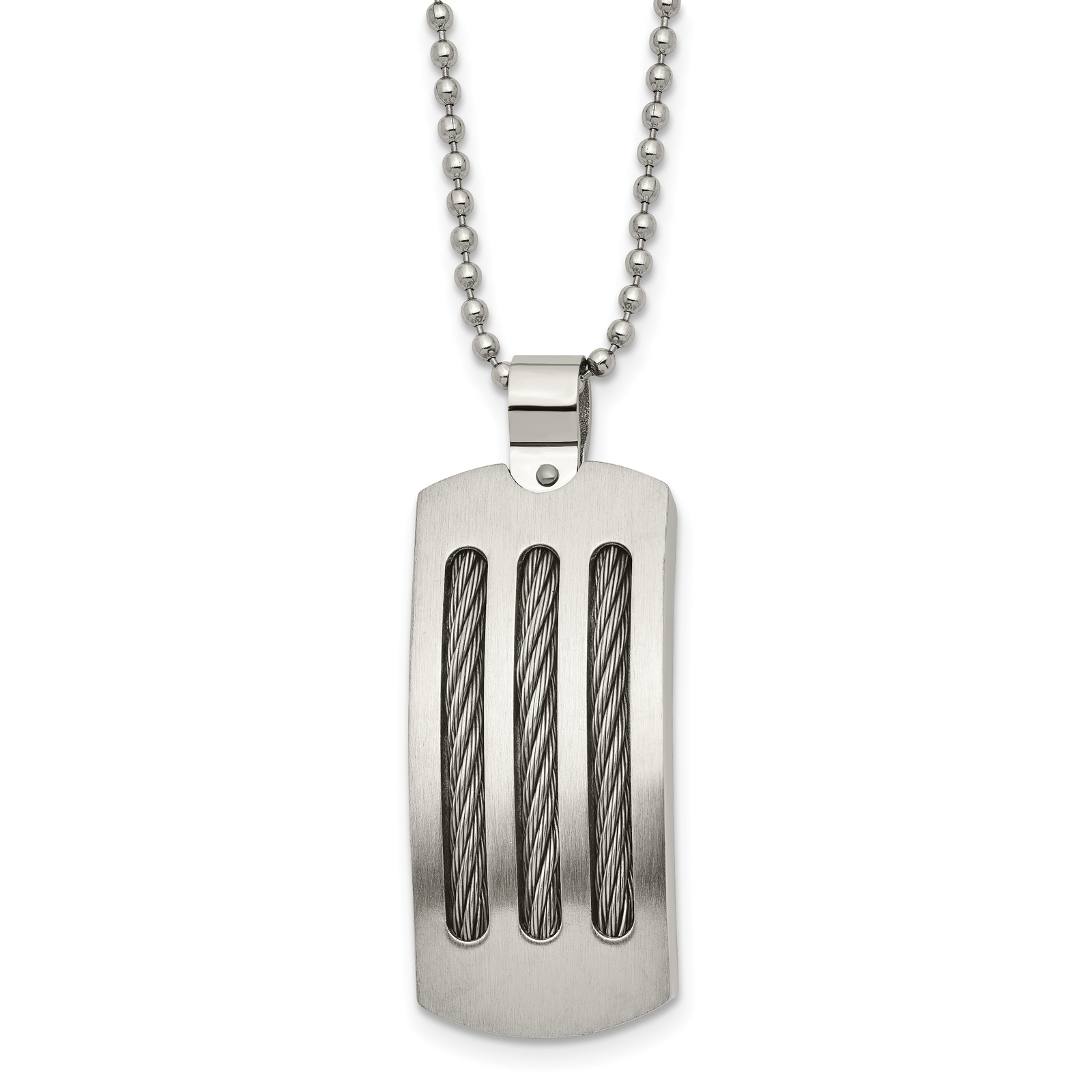 Chisel Stnls Steel Brushed and Cable Curved Dog Tag Ball Chain Necklace - 22
