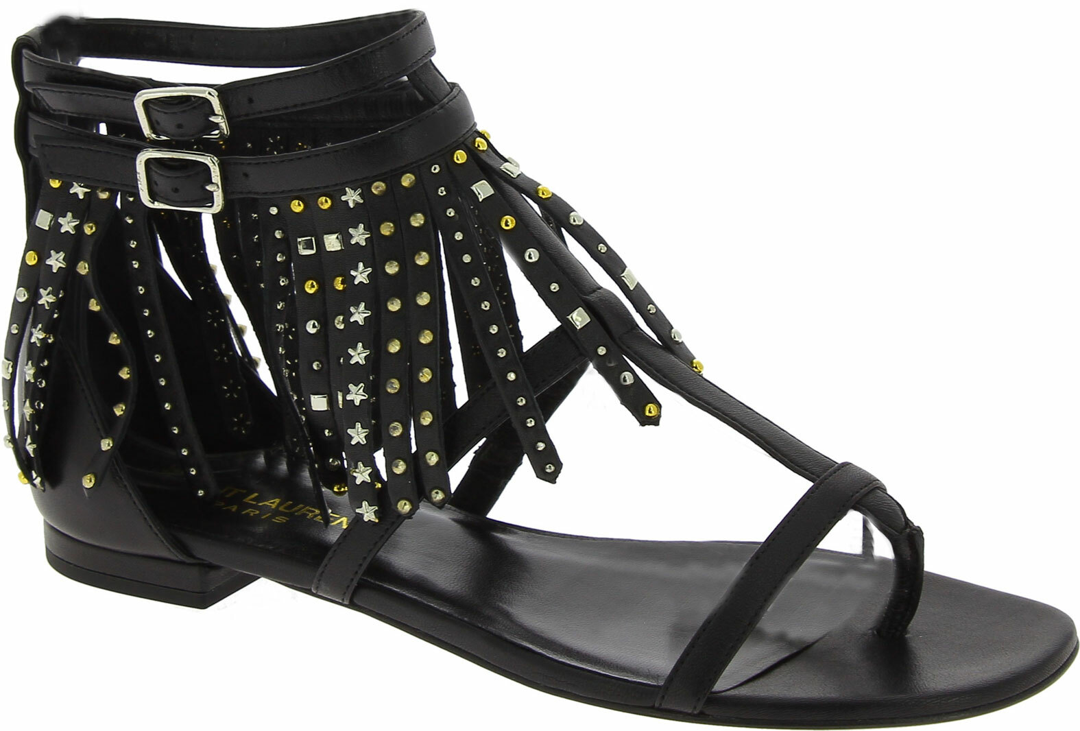 Saint Laurent black leather fringe studded thong sandals for women-image