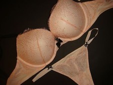 NWT Victoria's Secret 32DD BRA SET One size thong PEACH beige black DREAM ANGELS