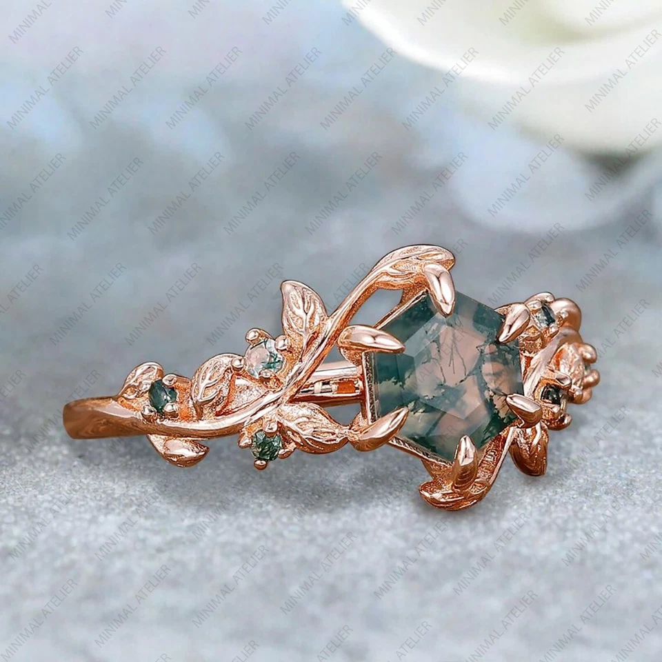 Anillo de boda con piedras preciosas de ágata musgo corte hexagonal enchapado en oro rosa de plata esterlina 925 Foto 2 de 4