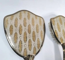 Art Deco hair brush & mirror vanity table set gold tone removable bristles USA 