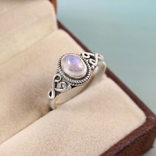 925 Sterling Silver Rainbow Moonstone Ring Oval Shape Handmade Oxidize Jewelry