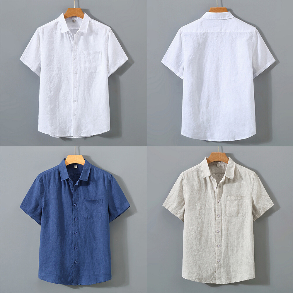 Tunic Casual Shirt Tops Shirt Blouse Summer Short Sleeve Pocket Cotton Linen