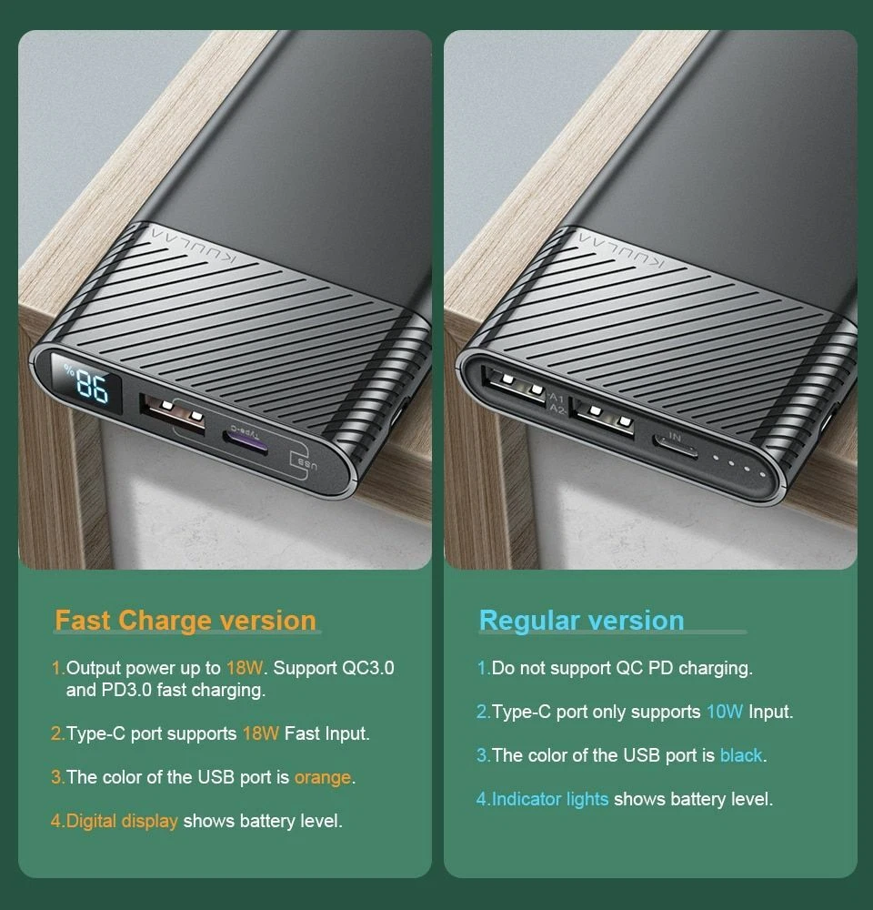 10000mAh QC PD 3.0 Fast Power Bank for Phones USB External Battery