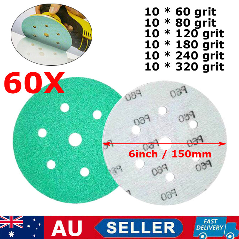 60PCS 6" 150mm Green Zirconium Sanding Discs 6+1 Hole Wet & Dry