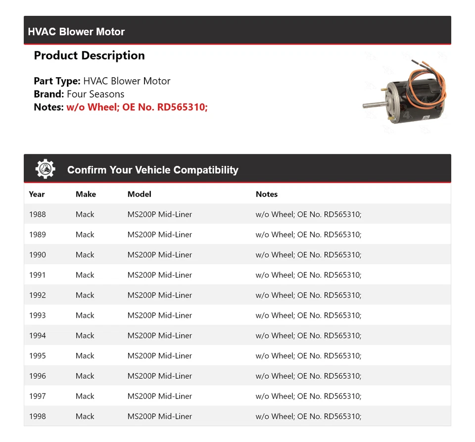 Motor soplador de climatización de revestimiento medio Mack MS200P 1988-1998 4 estaciones 1989 1990 1991 Foto 2 de 4