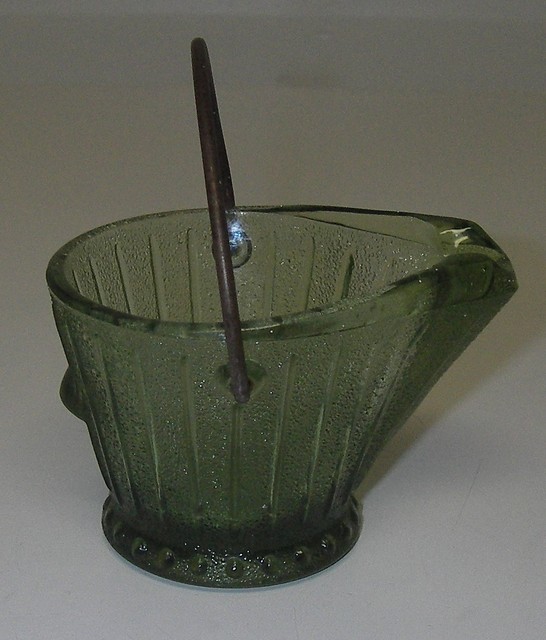 Hazel Atlas Glass Coal Bucket Ashtray Avocado Green with wire bail