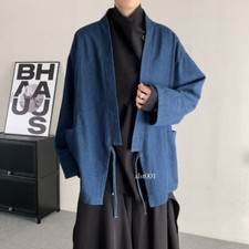 Men Japanese Retro Denim Kimono Jacket V-neck Couple Taoist Coat Jeans Cardigan