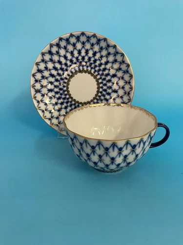 Lomonosov Cobalt Net Cup and Saucer Set(s) Russia Imperial Blue 22k Gold