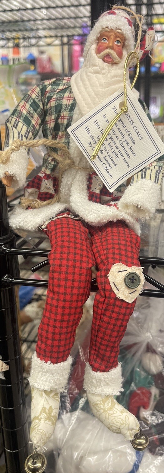 Vintage Posable Santa Claus with Vinyl Face and Quilted Fabric