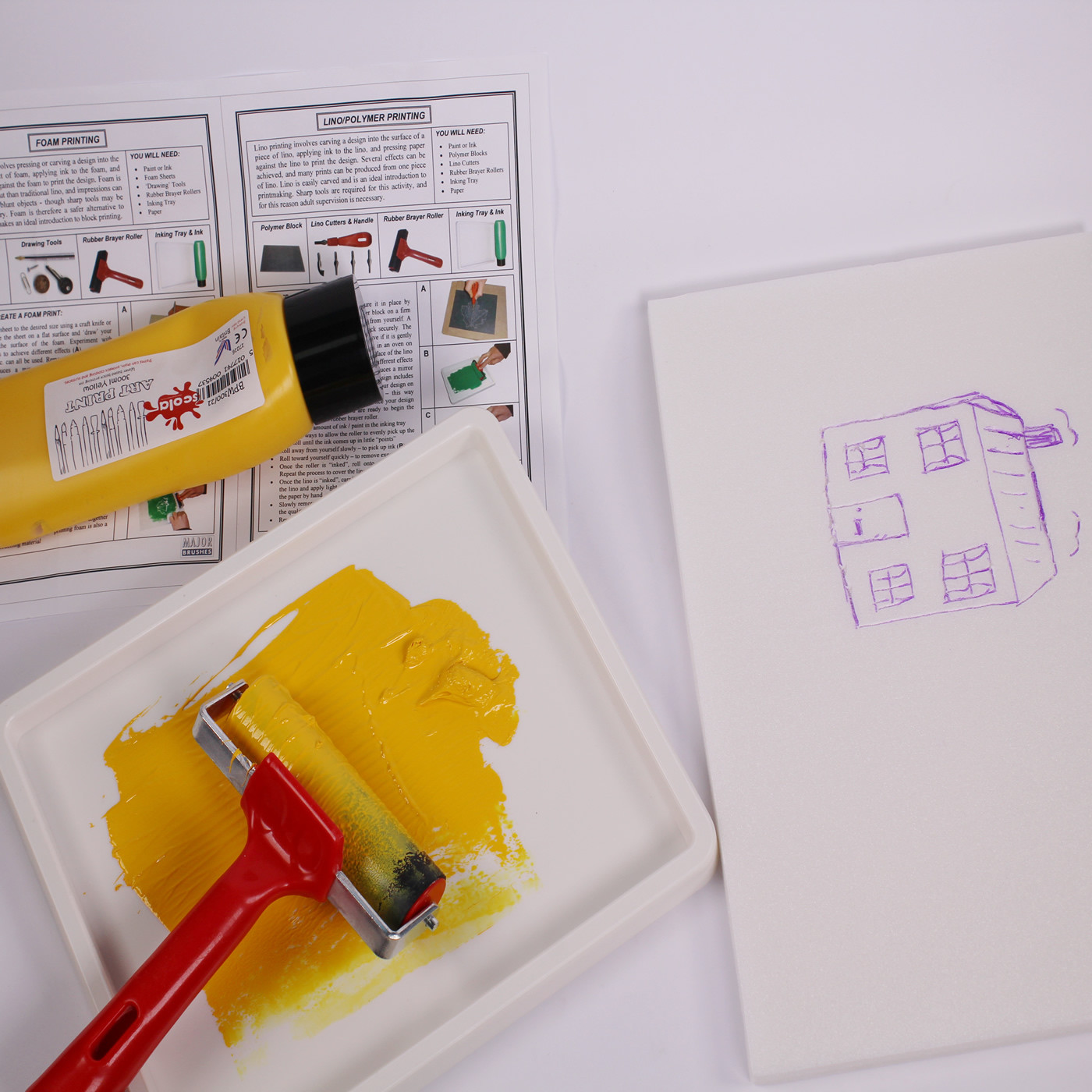 Lino Printing Kit Including Polystyrene Sheets, Lino Rollers, Ink Trays