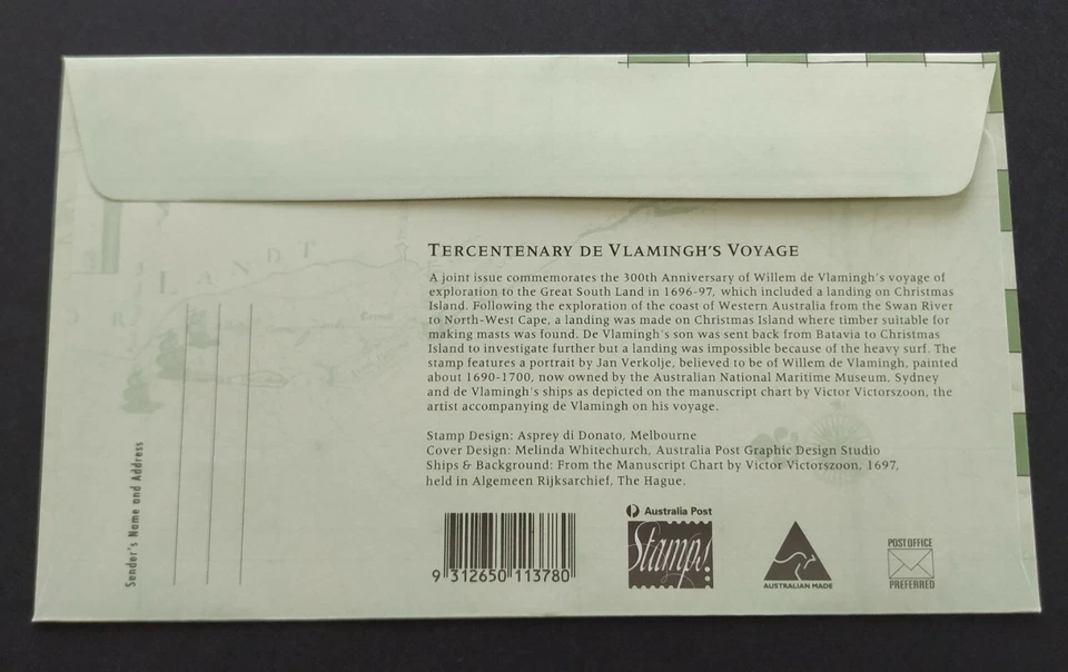 1996 Christmas Island 300th Anniversary De Vlamingh's Voyage 1v Stamp FDC - Image 3 of 3