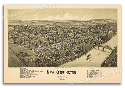 1902 New Kensington Pennsylvania Vintage Old Panoramic City Map - 24x36