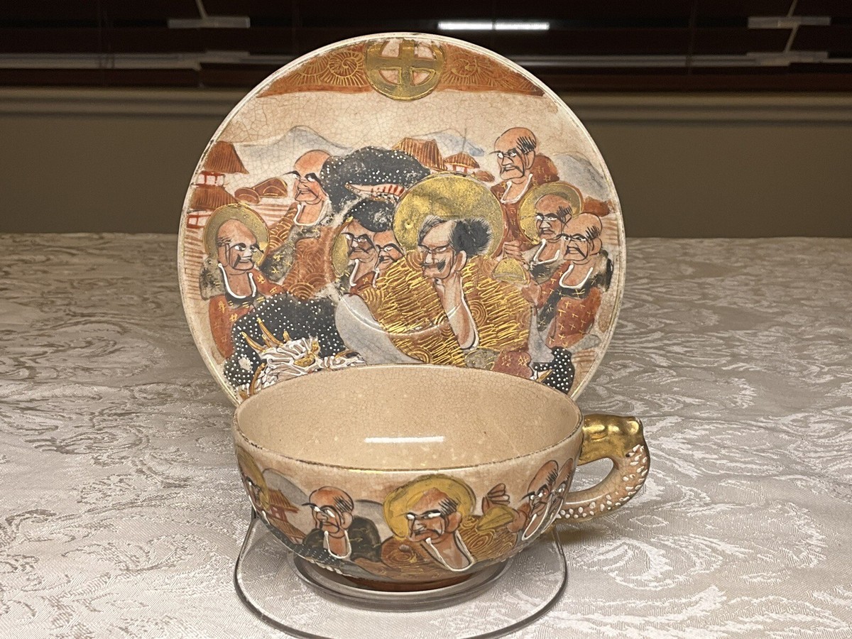 Japanese SATSUMA Pottery 8 Immortals + Dragon Cup & Saucer