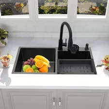 Stainless Steel Kitchen Sink Multifunctional Double-bowl Sink W/Pull-out Faucet