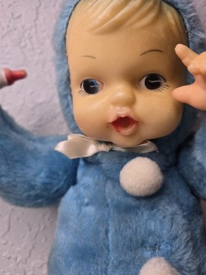 Vintage Rubber Face Baby Doll Bottle Blue Pixie Snow Suit 1950s