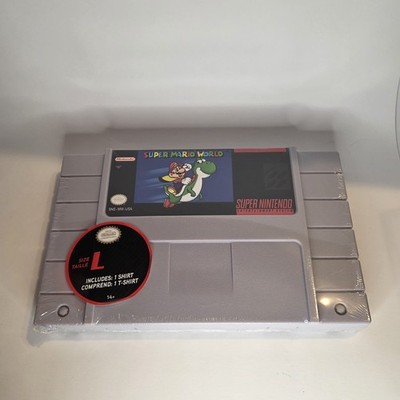ThinkGeek Super Nintendo Game Cartridge Case Super Mario World Large Shirt RARE