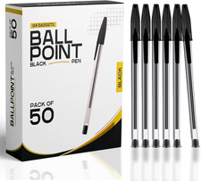 Pack of 50 Black Pens - Medium Tip Fluent Smooth Writing Black Biro Ballpoint Pe