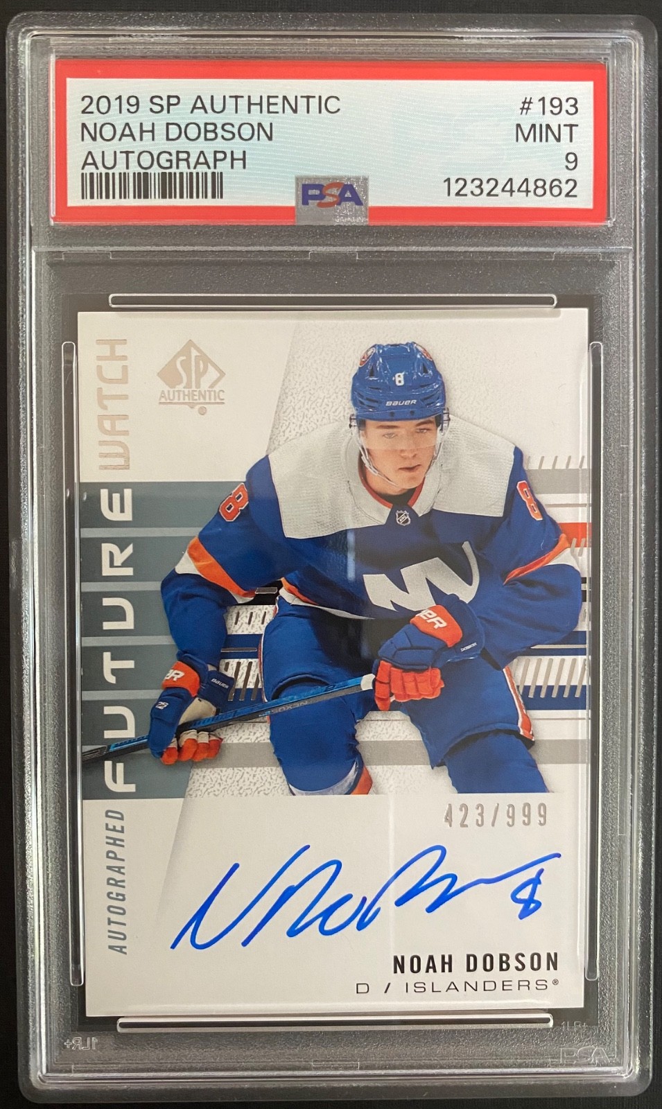 2019 SP AUTHENTIC NOAH DOBSON FUTURE WATCH RC AUTO /999 PSA 9