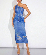 Women’s Blue Denim One Shoulder Sleeveless Distressed Bodycon Midi Dress Stretch