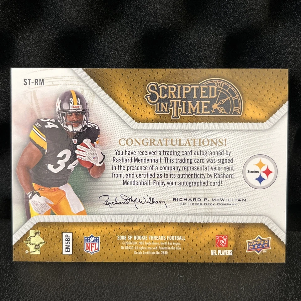 2008 SP Rookie Threads Scripted In Time Rashard Mendenhall #ST-RM /230 Auto RC - Image 2 of 2