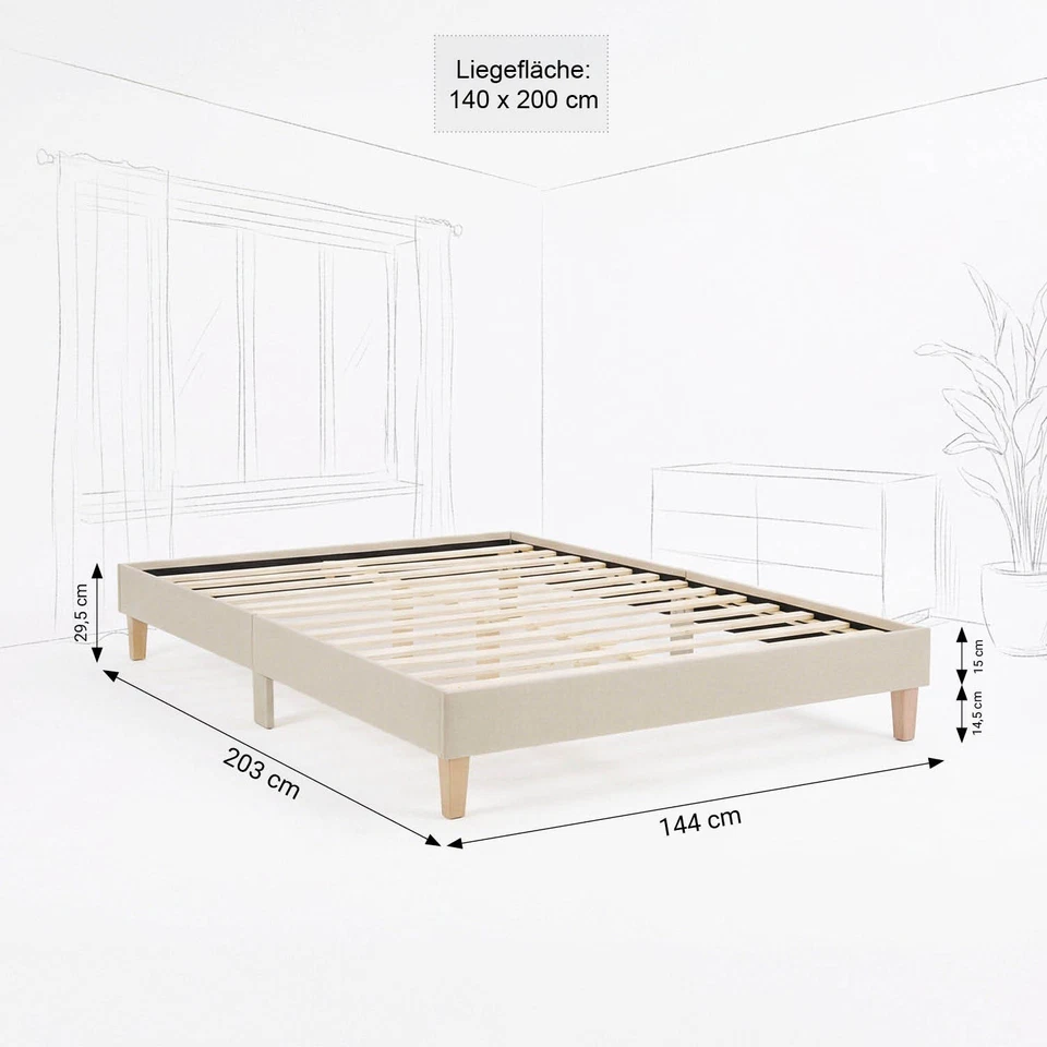 Lit rembourré 140x200 cm Beige avec sommier Lit double moderne tissu Homestyle4u - Photo 3/4