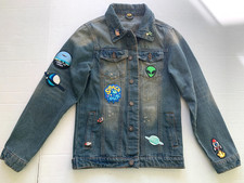 Vintage Y2K Space Denim Jacket UFO Alien Patches Pins 90s Grunge Sz XS/S