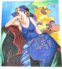 Lee Vintage Needlepoint Hand Painted Canvas "Lady in Blue" 16" L by 14" W