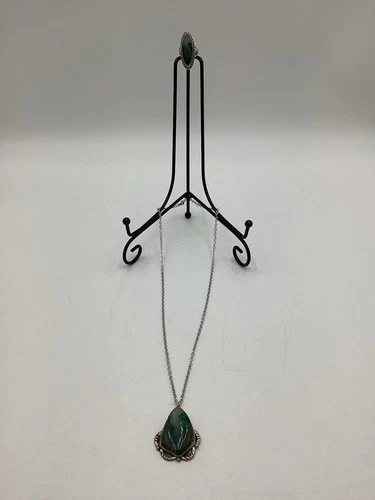 Vintage Sterling Silver Malachite Necklace & Ring Set/House Of David Jewelry Dep