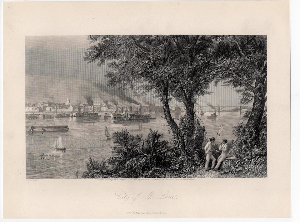 CITY OF ST. LOUIS – Steamboats on the Mississippi 1872 Antique Steel Engraving - Image 2 of 2