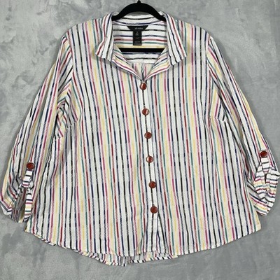 Ali Miles Womens Striped Button Up Collared Shirt 1X Career Boxy Coastal Cotton