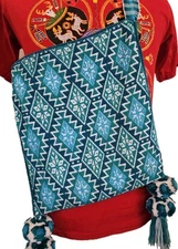 RARE Traditional Huichol Textile Hand Embroidered Turquois Mix Peyote Morral Bag