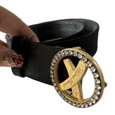 Vintage Paloma Picasso Black Italian Leather XO Logo Rhinestone Buckle Belt L/80